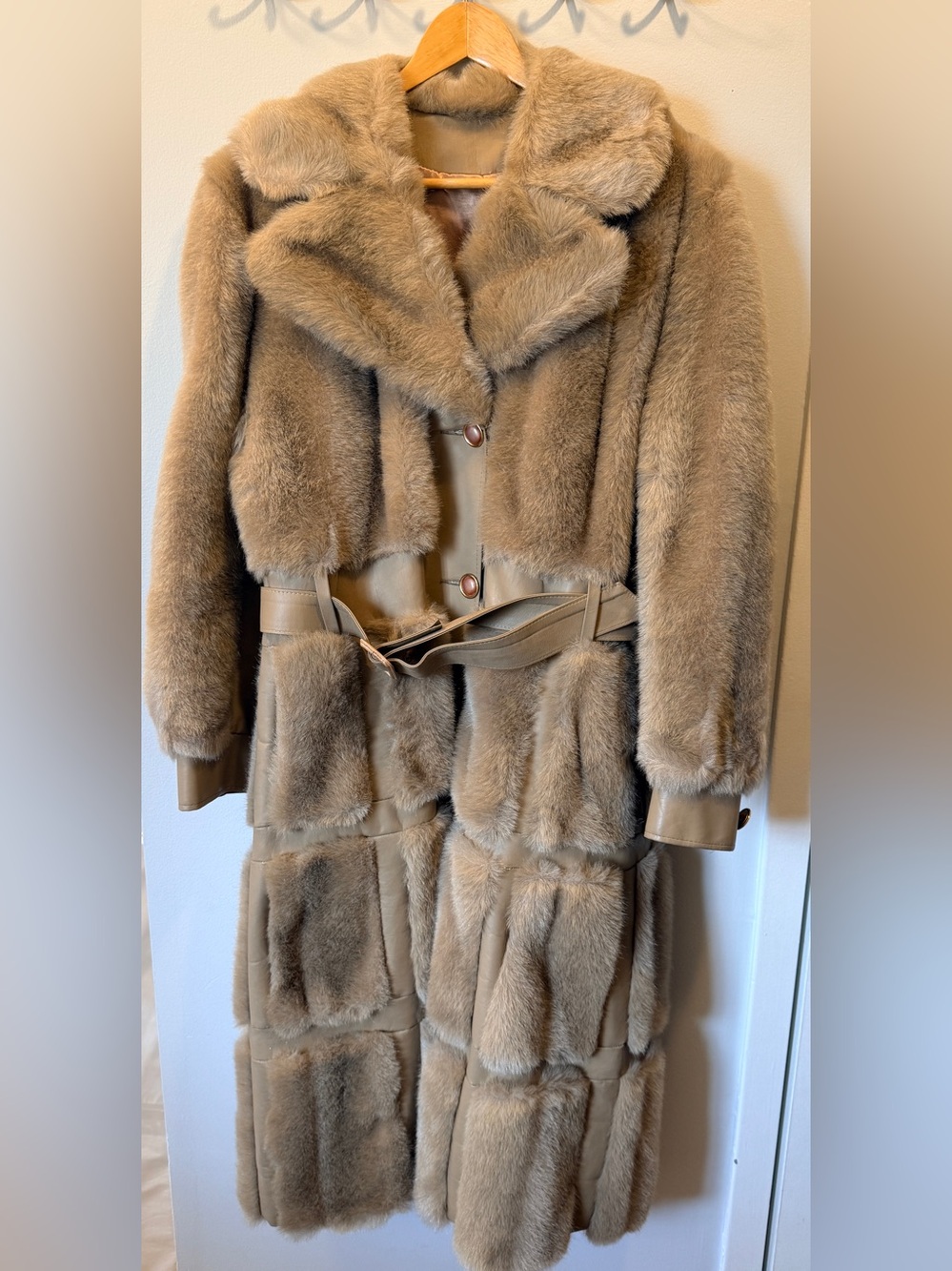 Vintage 1970s Faux Fur Patchwork Belted Maxi Coat